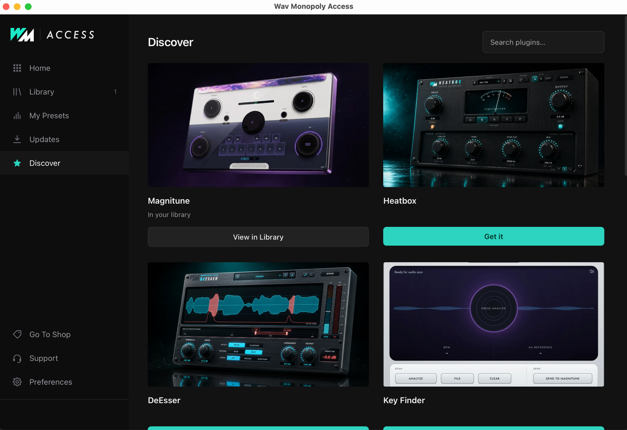 Wav Monopoly Access showing the plugin library