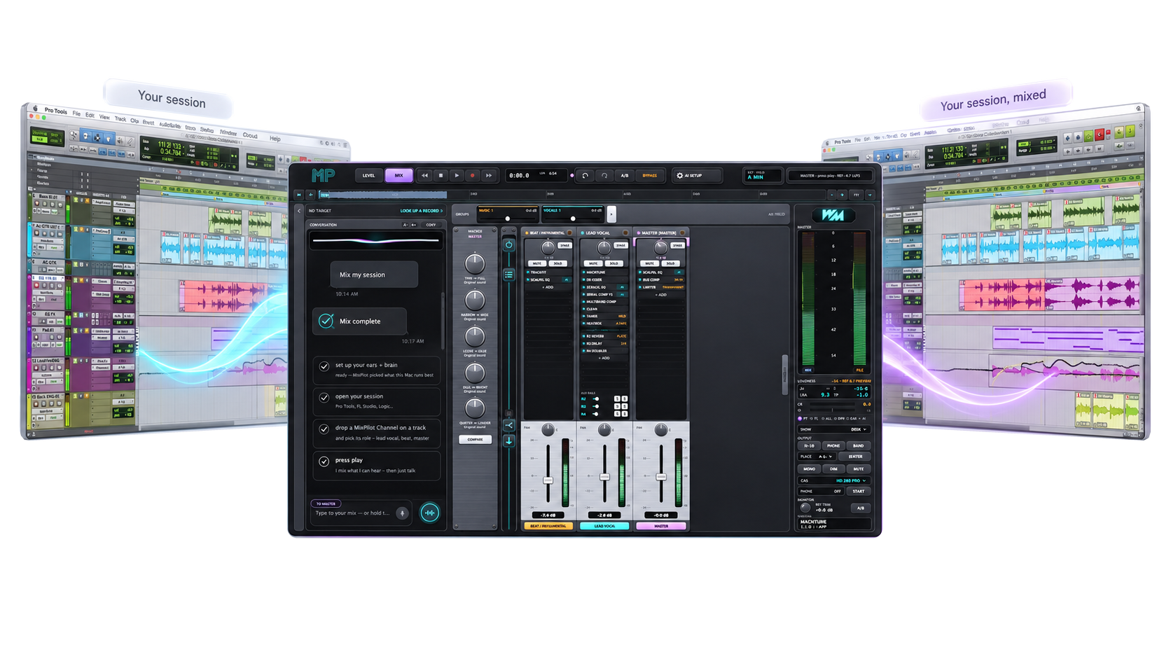 MixPilot mixing console between an original DAW session and the mixed session