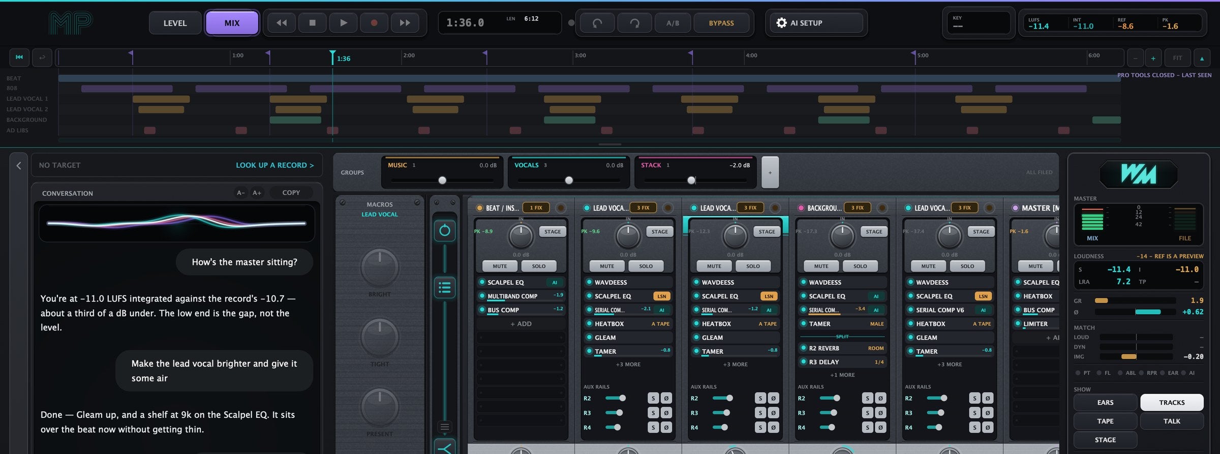 The MixPilot desk: six racks in a session, with the conversation alongside